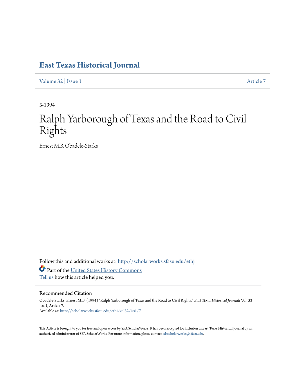 Ralph Yarborough of Texas and the Road to Civil Rights Ernest M.B
