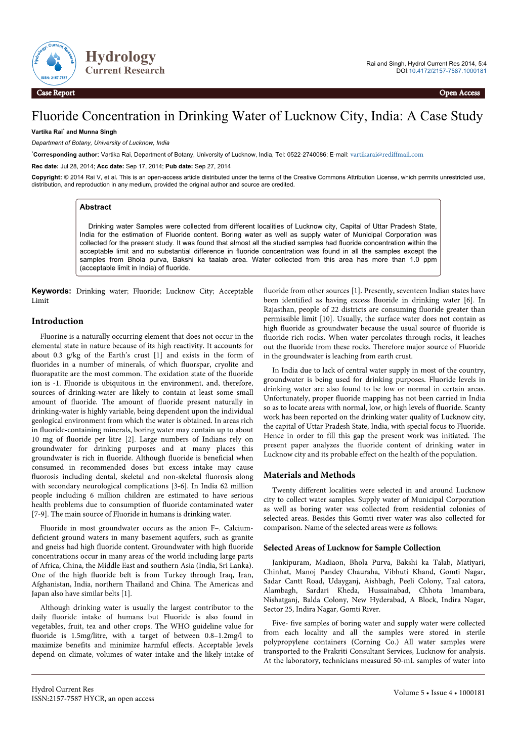 Fluoride Concentration in Drinking Water of Lucknow City, India