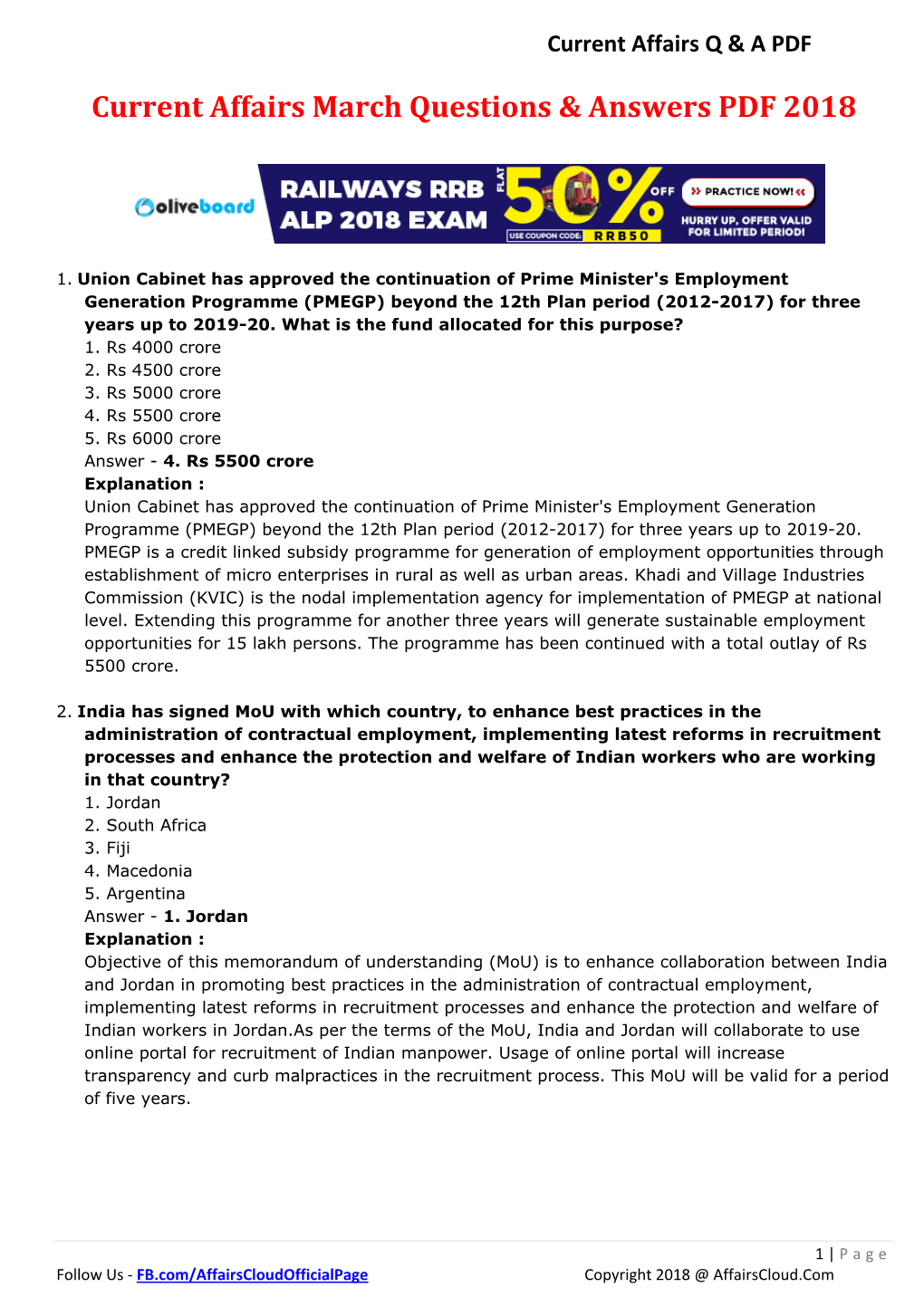 Current Affairs March Questions & Answers PDF 2018