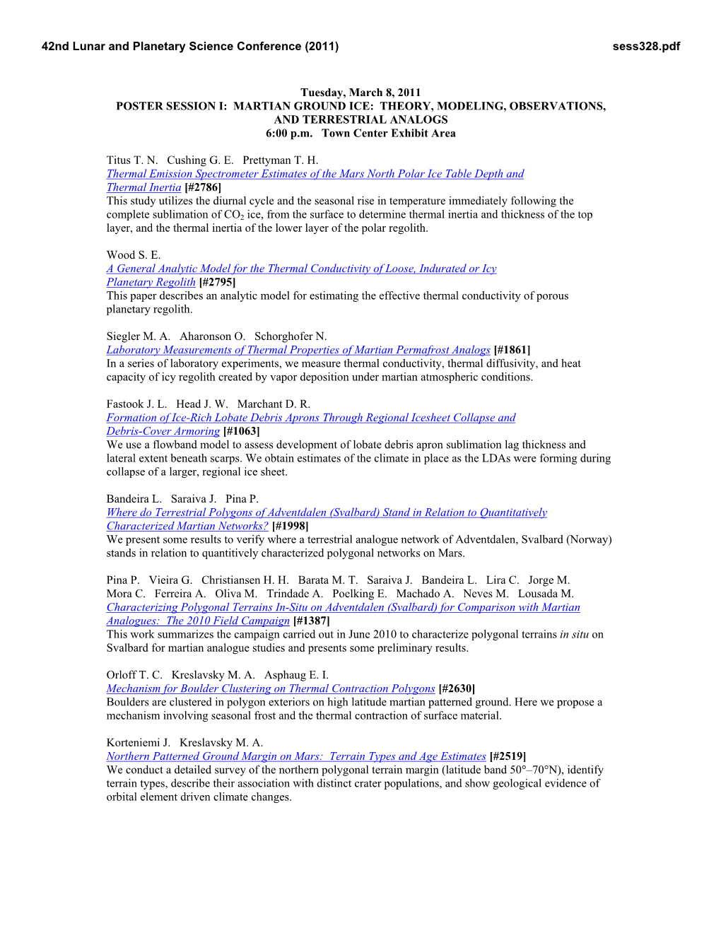 MARTIAN GROUND ICE: THEORY, MODELING, OBSERVATIONS, and TERRESTRIAL ANALOGS 6:00 P.M