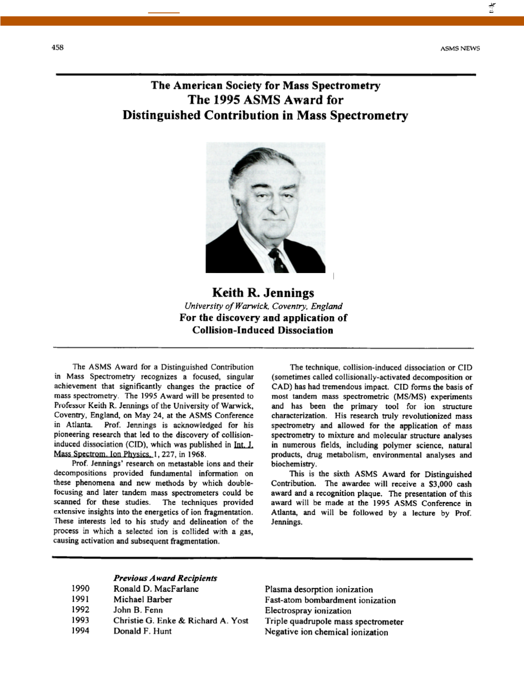 The 1995 ASMS Award for Distinguished Contribution in Mass Spectrometry