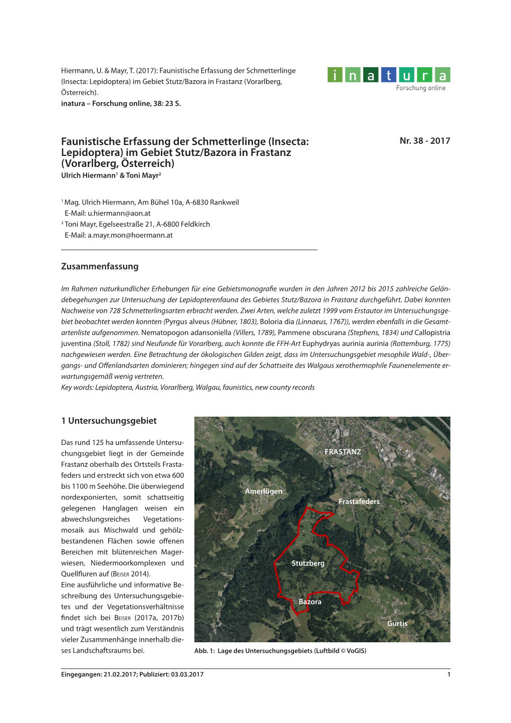 Faunistische Erfassung Der Schmetterlinge (Insecta: Lepidoptera)