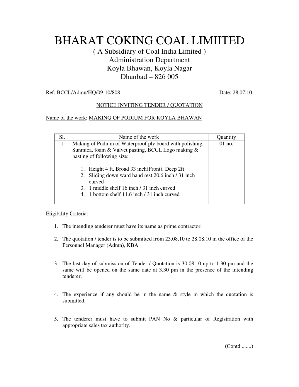 BHARAT COKING COAL LIMIITED ( a Subsidiary of Coal India Limited ) Administration Department Koyla Bhawan, Koyla Nagar Dhanbad – 826 005