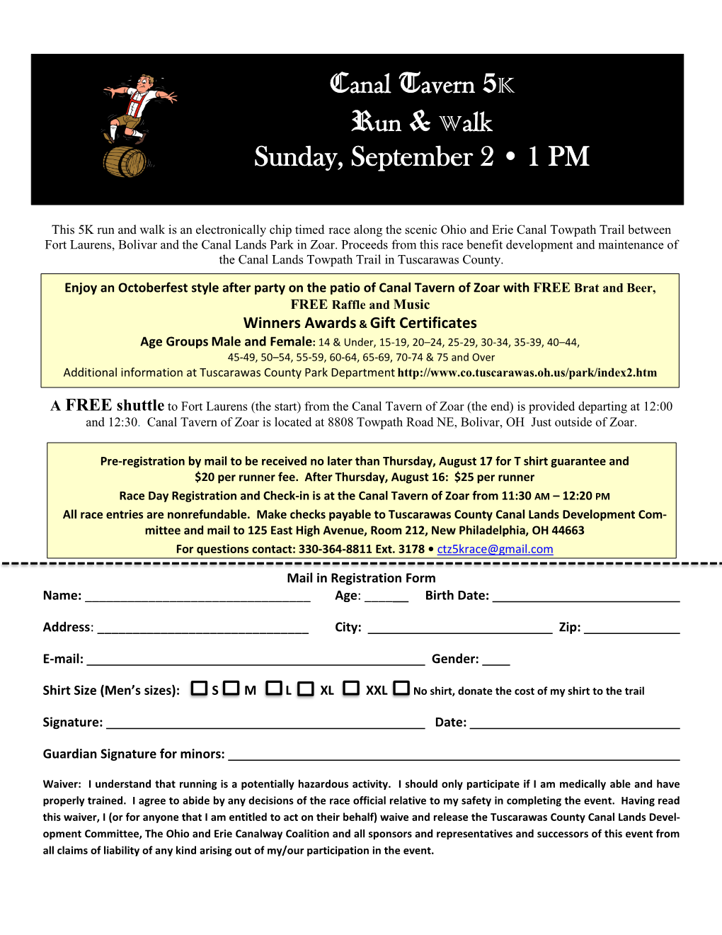 Canal Tavern 5K Run & Walk Sunday, September 2 • 1 PM