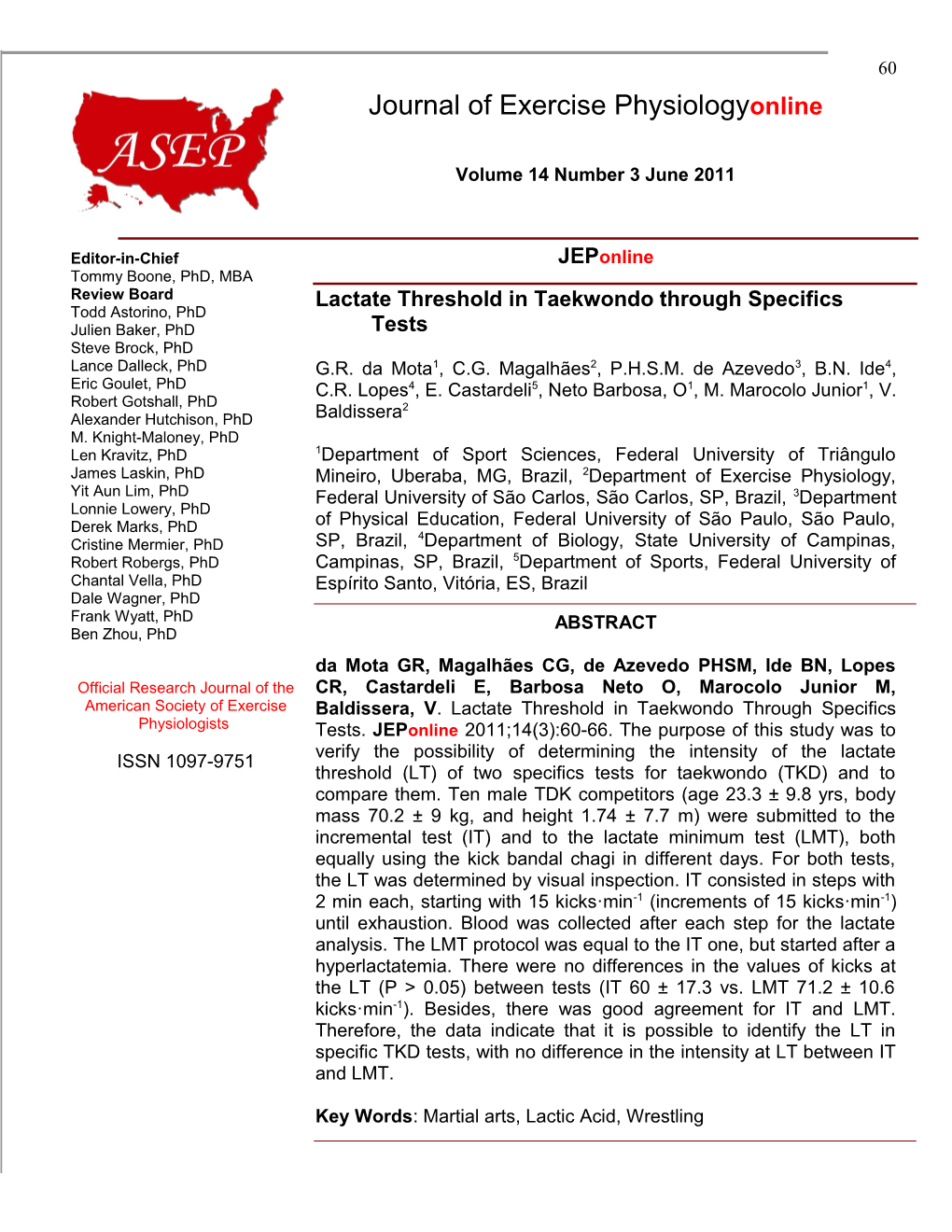 Lactate Threshold in Taekwondo Through Specifics Tests