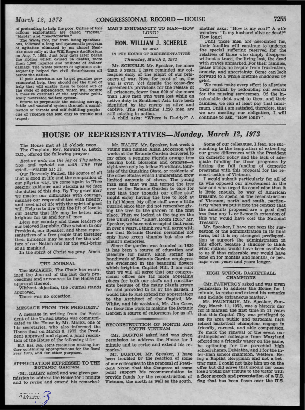 HOUSE of REPRESENTATIVES-Monday, March 12, 1973 the House Met at 12 O'clock Noon