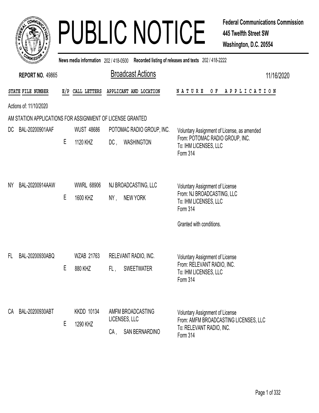 Broadcast Actions 11/16/2020