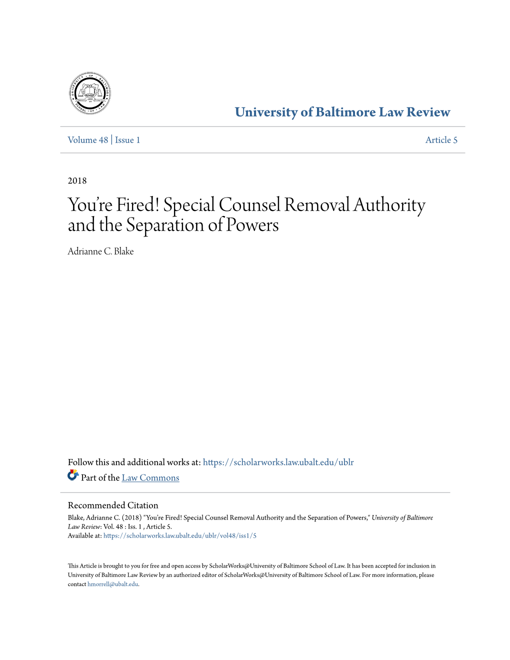 Special Counsel Removal Authority and the Separation of Powers Adrianne C