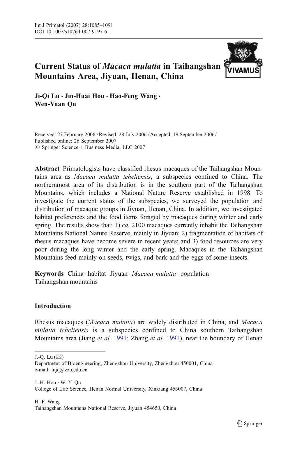 Current Status of Macaca Mulatta in Taihangshan Mountains Area, Jiyuan, Henan, China