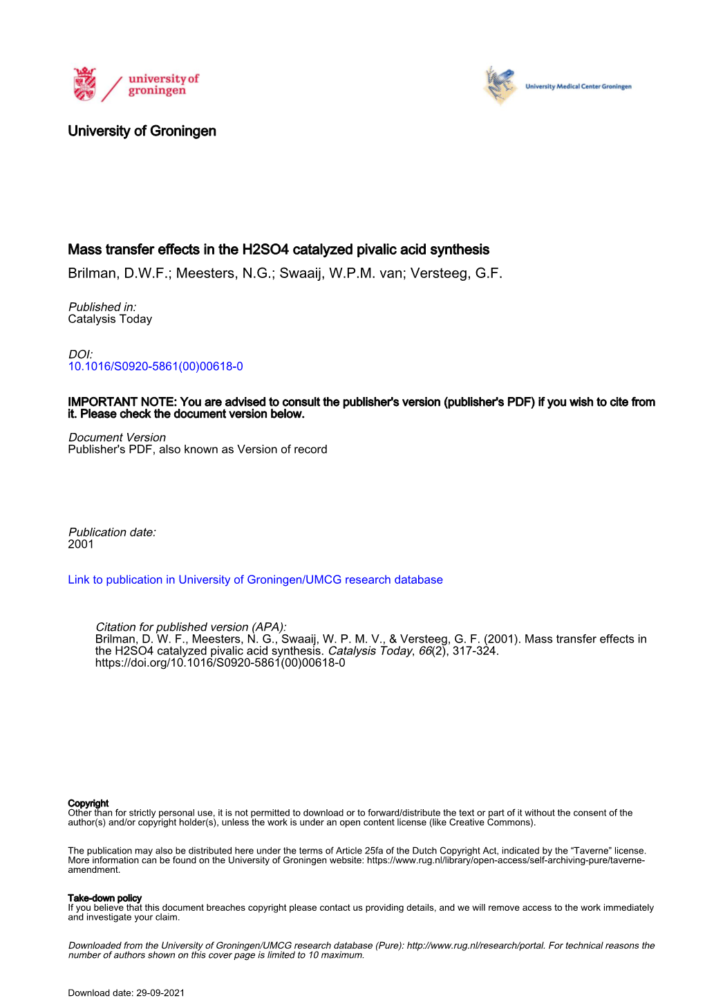 University of Groningen Mass Transfer Effects in the H2SO4 Catalyzed