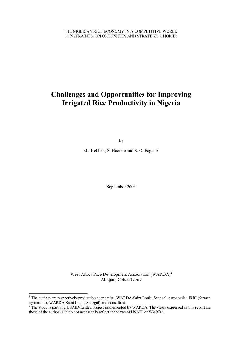 Challenges and Opportunities for Improving Irrigated Rice Productivity in Nigeria