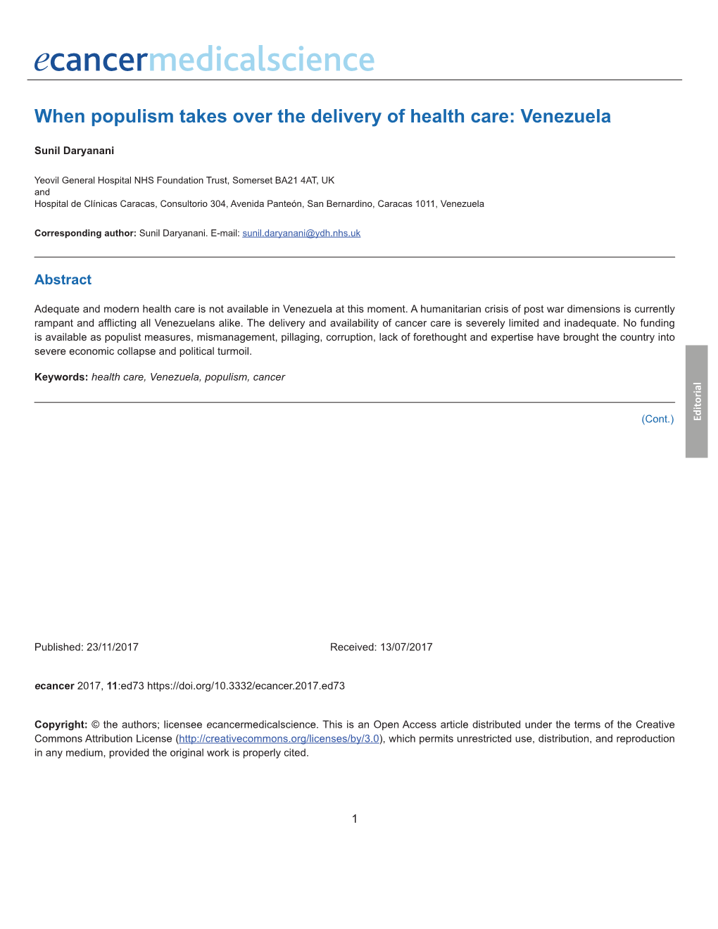 When Populism Takes Over the Delivery of Health Care: Venezuela