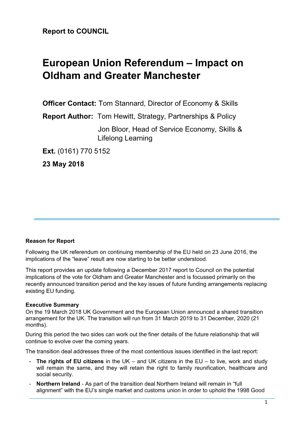 European Union Referendum – Impact on Oldham and Greater Manchester