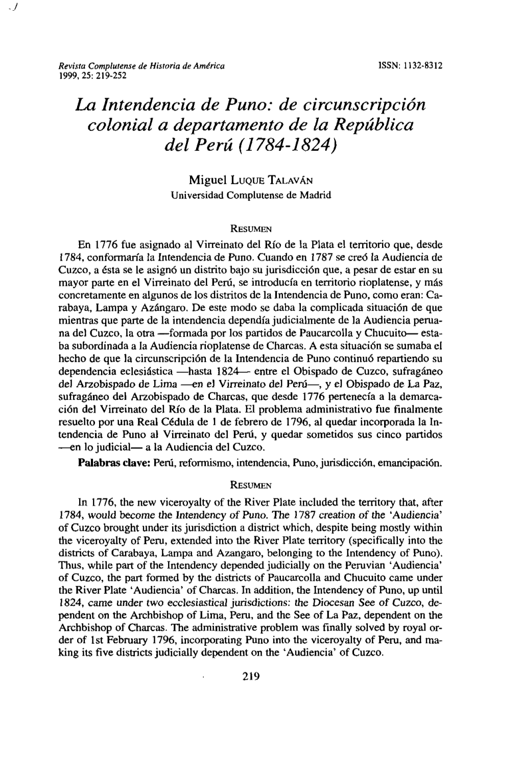 La Intendencia De Puno: De Circunscripción Colonial a Departamento De La República Del Perú (1784-1824)