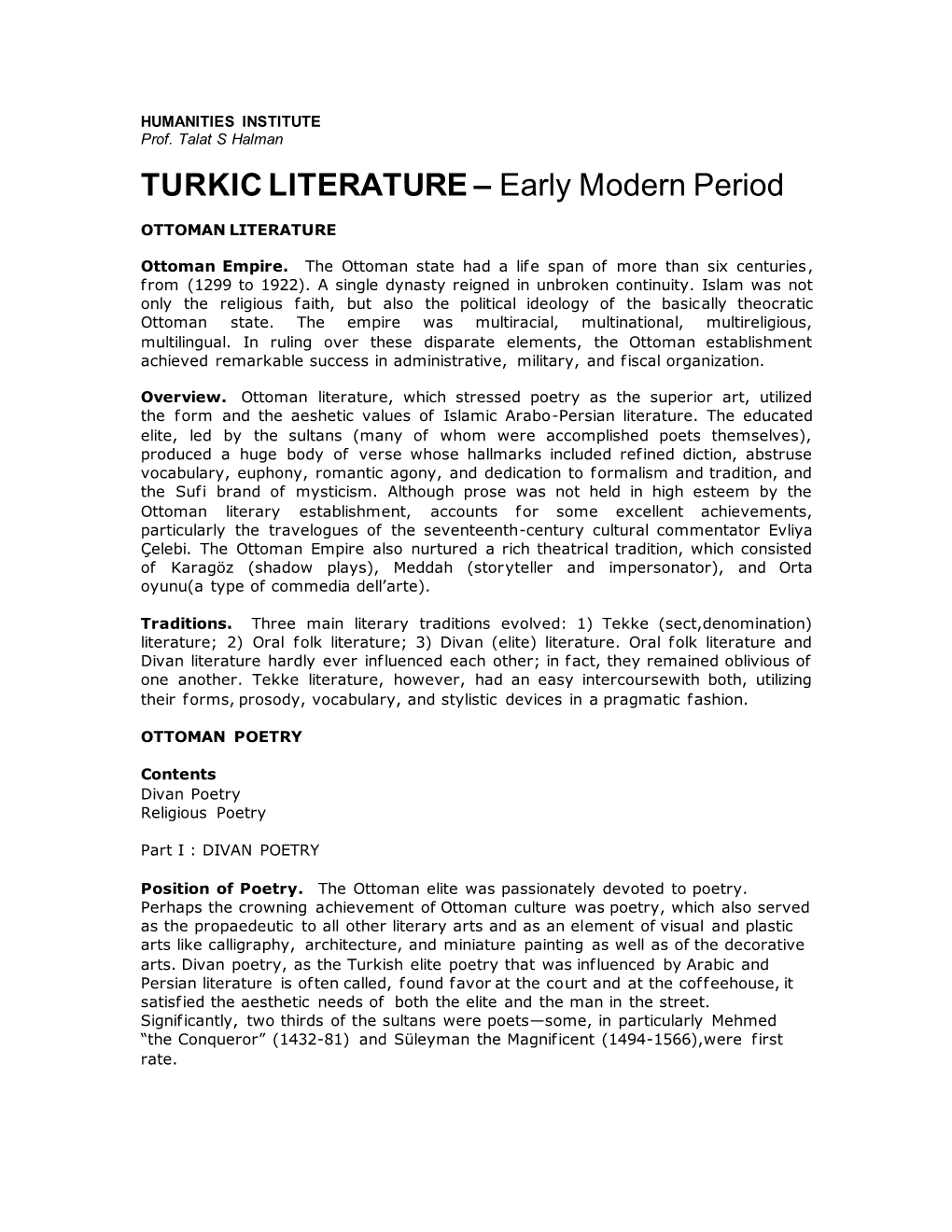 TURKIC LITERATURE – Early Modern Period