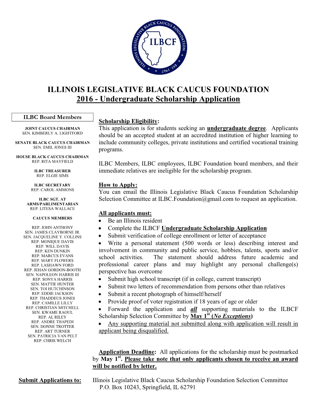 ILLINOIS LEGISLATIVE BLACK CAUCUS FOUNDATION 2016 - Undergraduate Scholarship Application