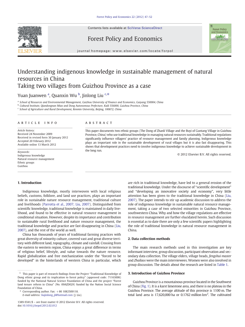 Understanding Indigenous Knowledge in Sustainable Management of Natural Resources in China Taking Two Villages from Guizhou Province As a Case