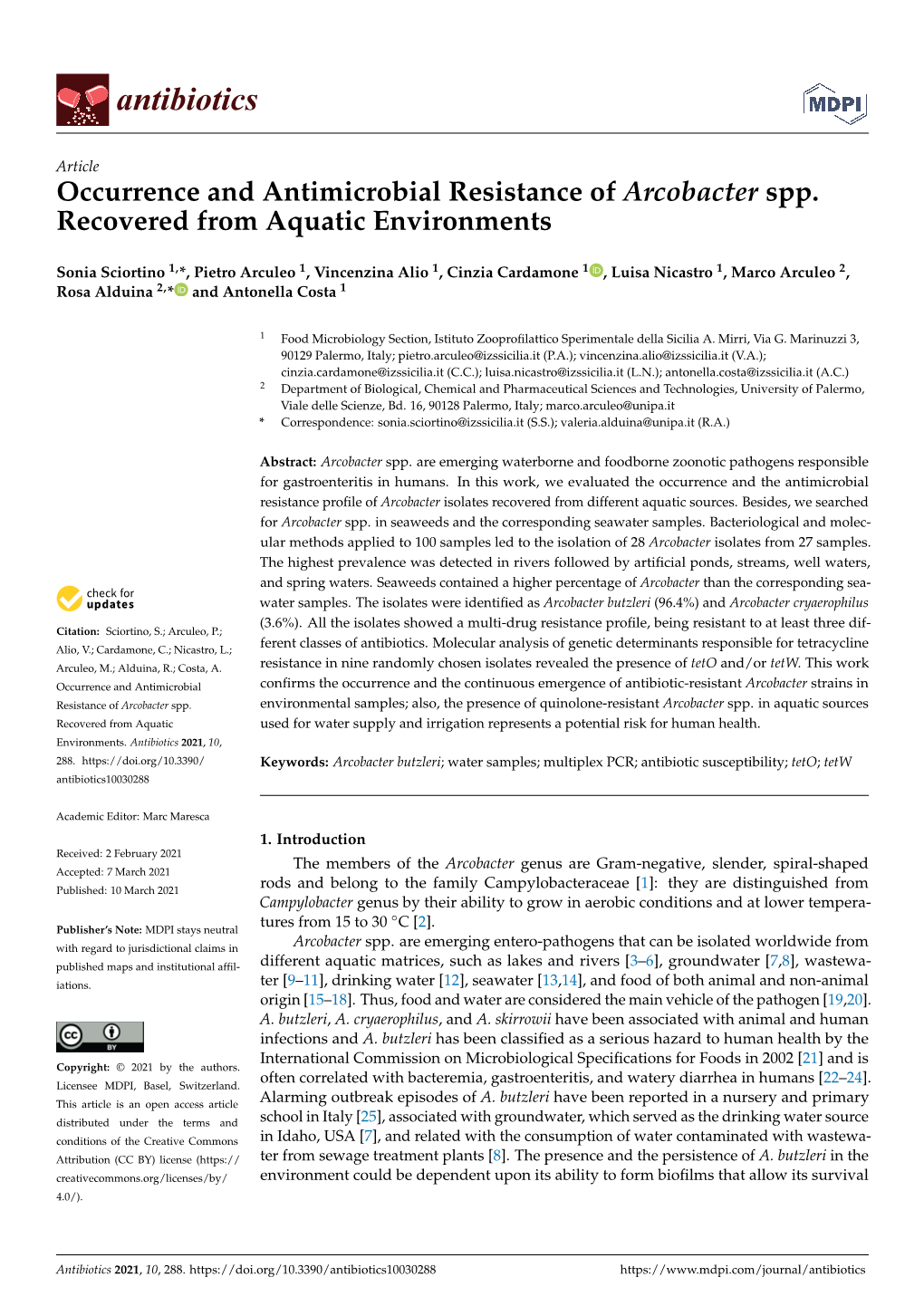 Occurrence and Antimicrobial Resistance of Arcobacter Spp