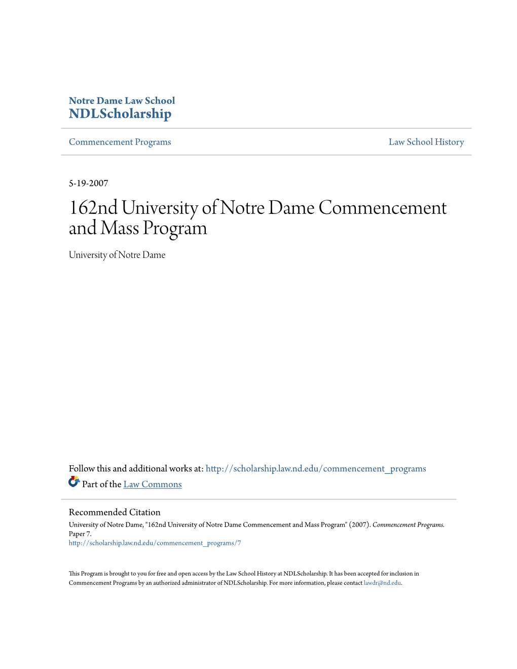 162Nd University of Notre Dame Commencement and Mass Program University of Notre Dame