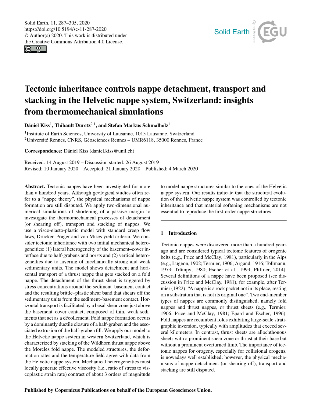 Tectonic Inheritance Controls Nappe Detachment, Transport and Stacking in the Helvetic Nappe System, Switzerland: Insights from Thermomechanical Simulations