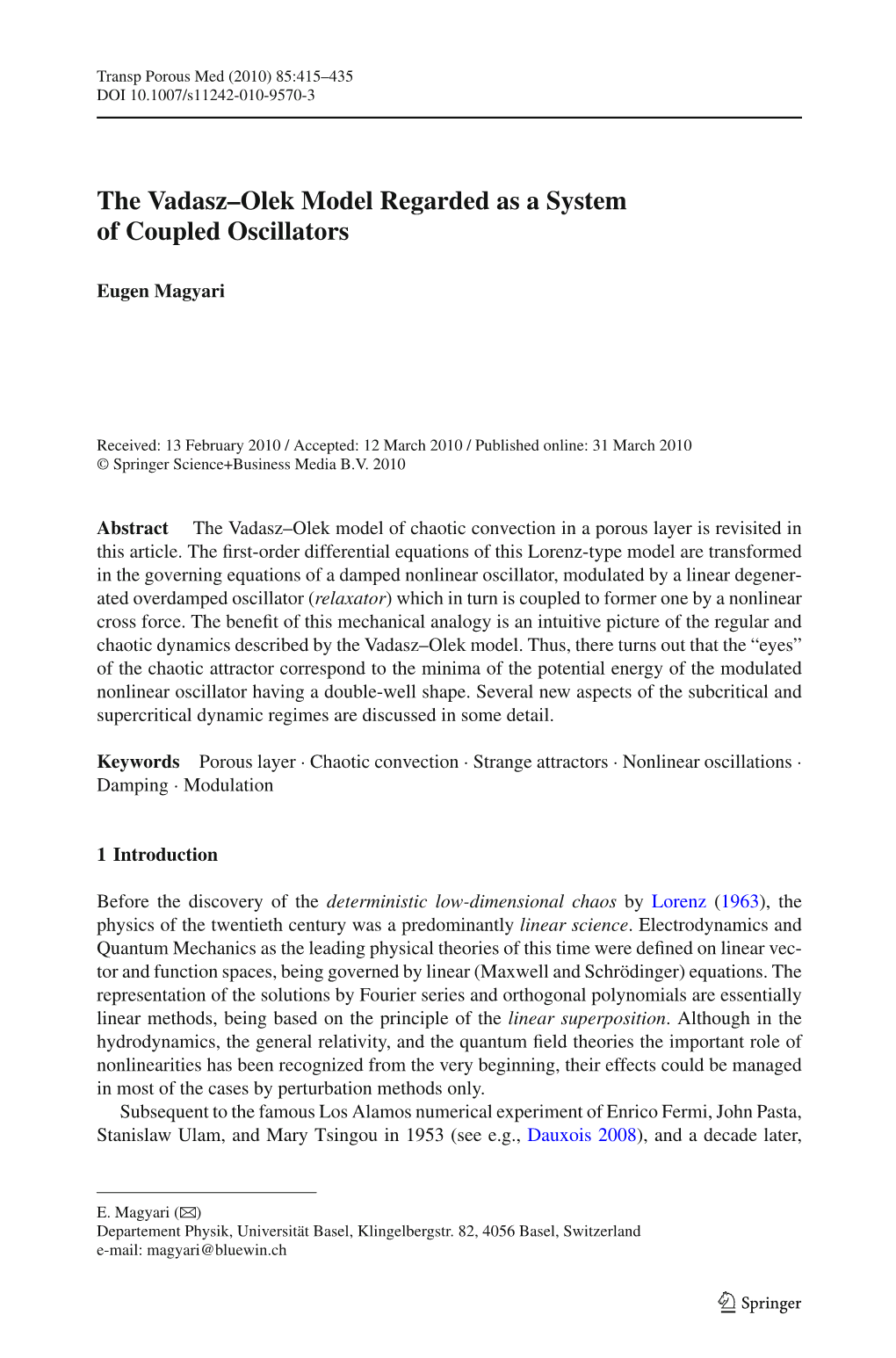 The Vadasz–Olek Model Regarded As a System of Coupled Oscillators