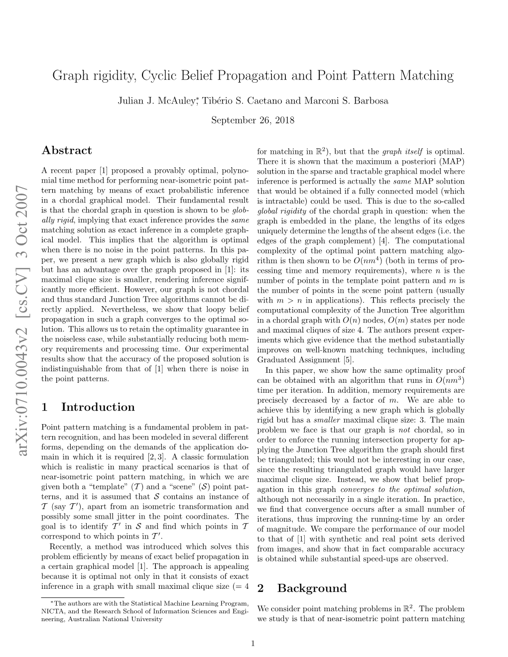 Graph Rigidity, Cyclic Belief Propagation and Point Pattern Matching