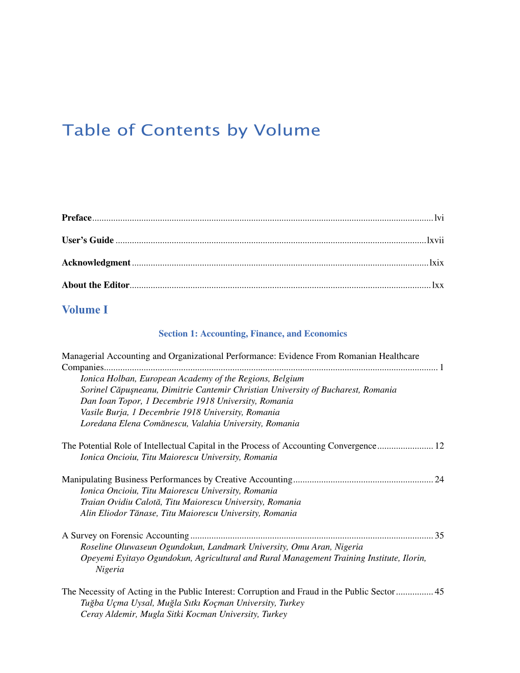 Table of Contents by Volume