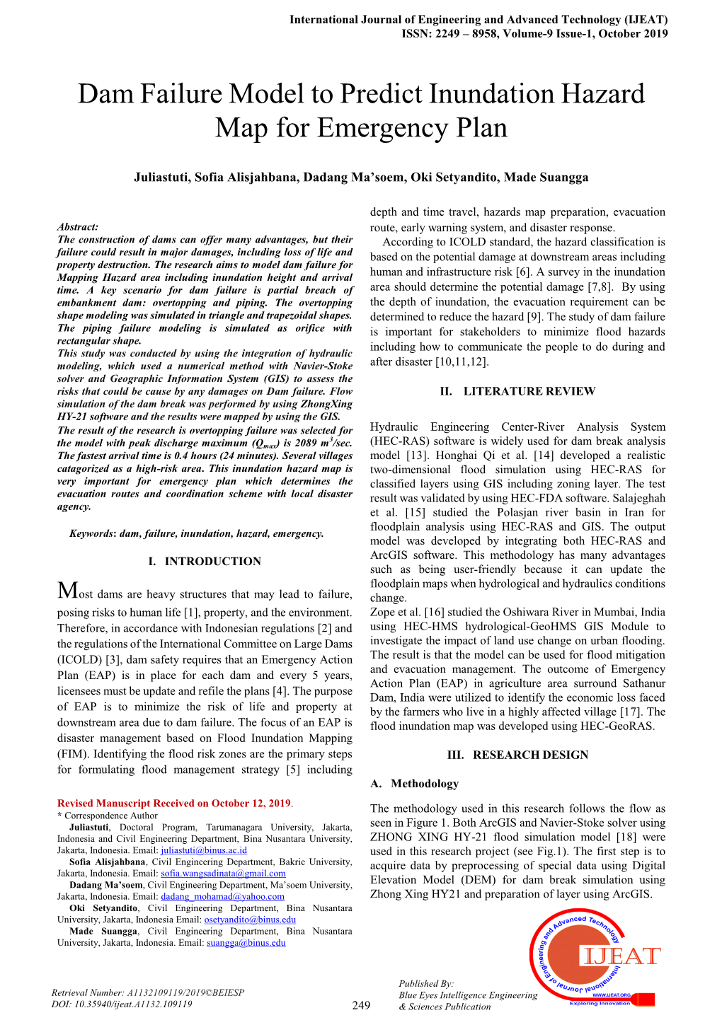 Dam Failure Model to Predict Inundation Hazard Map for Emergency Plan