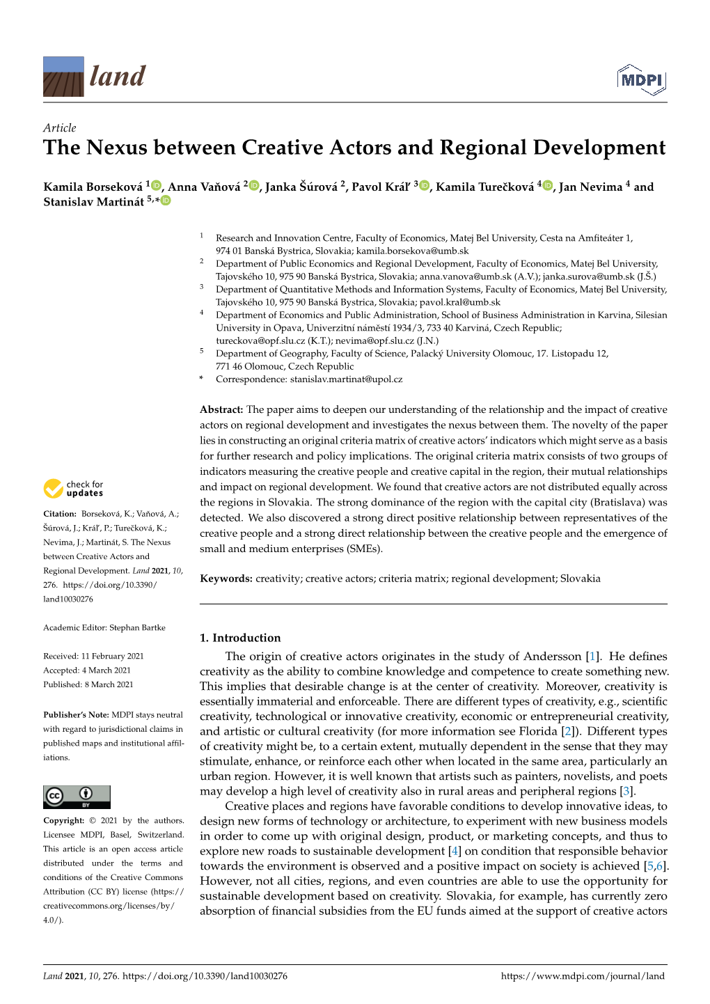 The Nexus Between Creative Actors and Regional Development