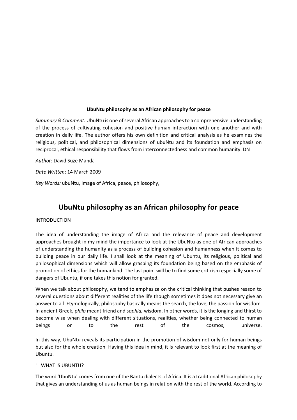 Ubuntu Philosophy As an African Philosophy for Peace