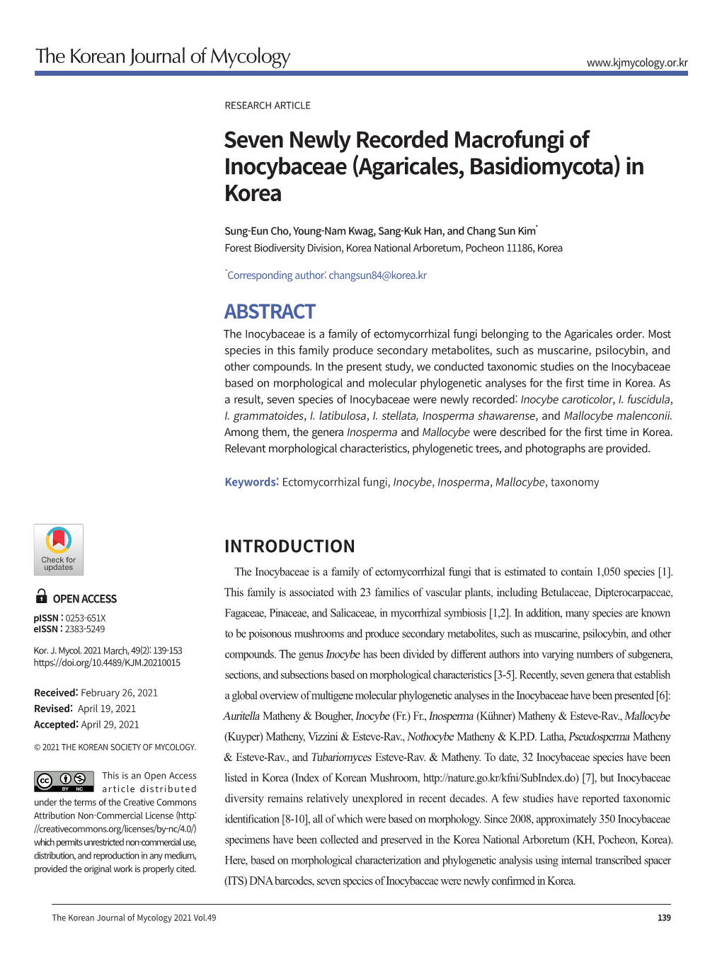 Seven Newly Recorded Macrofungi of Inocybaceae (Agaricales, Basidiomycota) in Korea