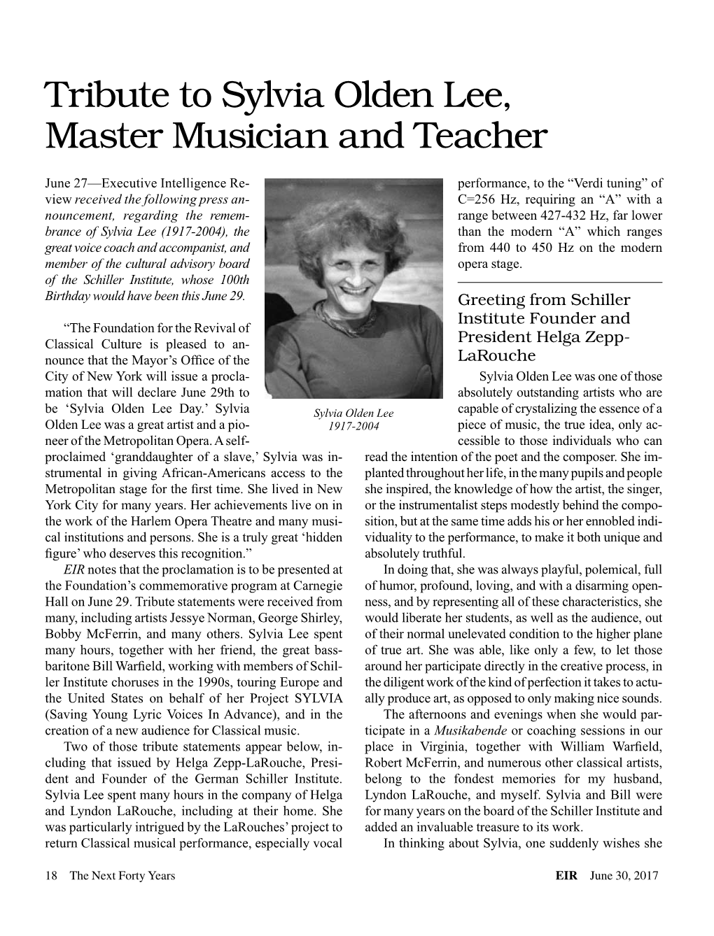 Tribute to Sylvia Olden Lee, Master Musician and Teacher