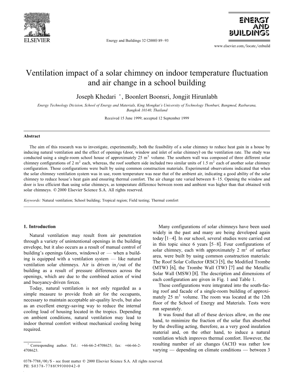 Ventilation Impact of a Solar Chimney on Indoor Temperature Fluctuation and Air Change in a School Building