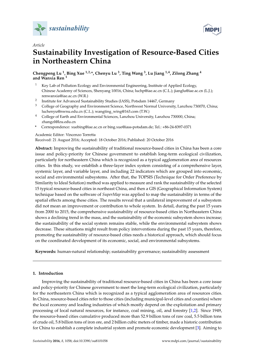 Sustainability Investigation of Resource-Based Cities in Northeastern China