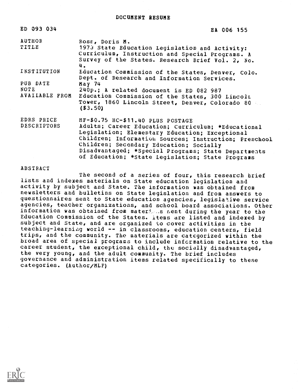 Curriculum, Instruction and Special Programs. a Survey of the States