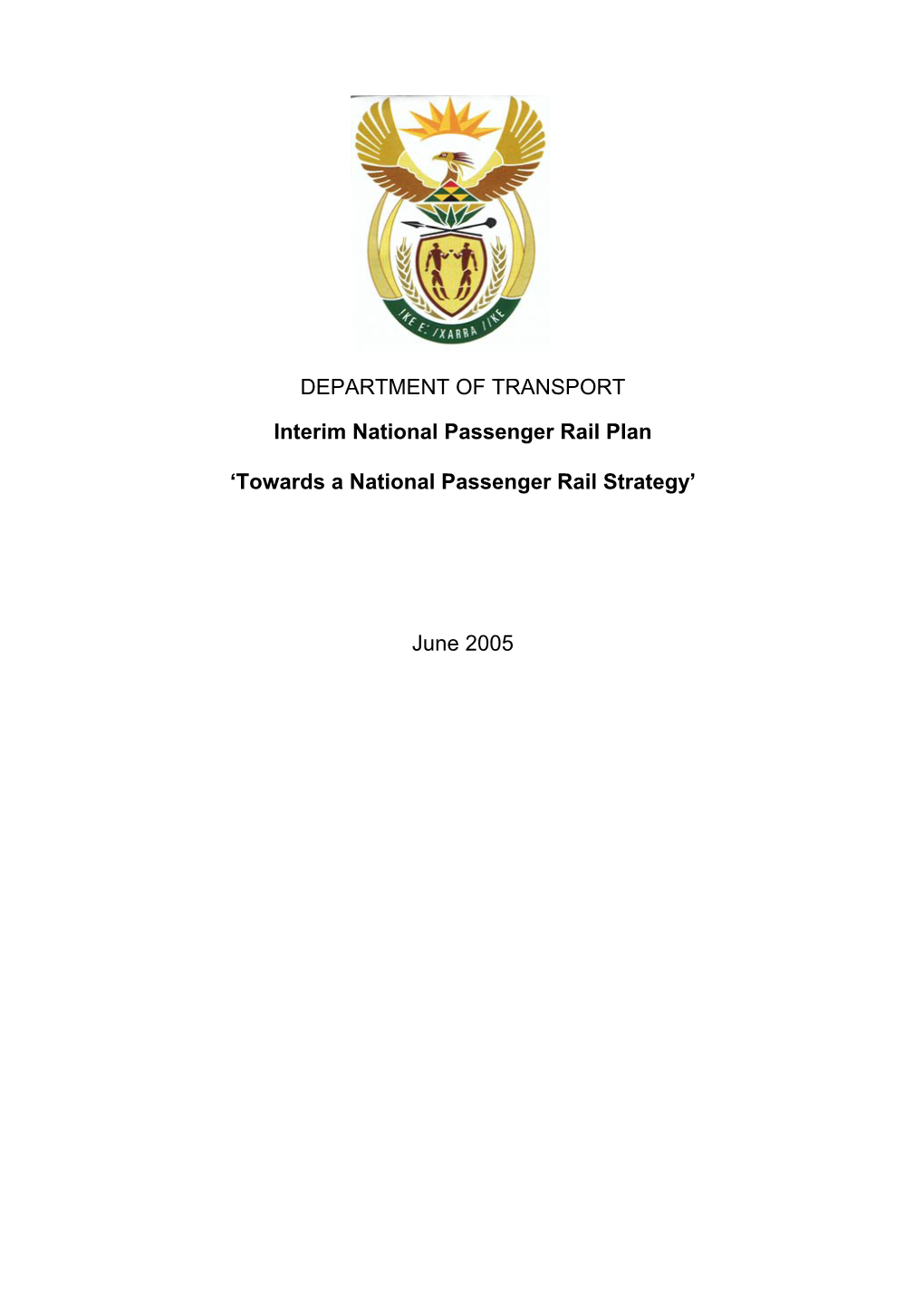 Department of Transport Interim National Passenger Rail Plan Phase 1 Report