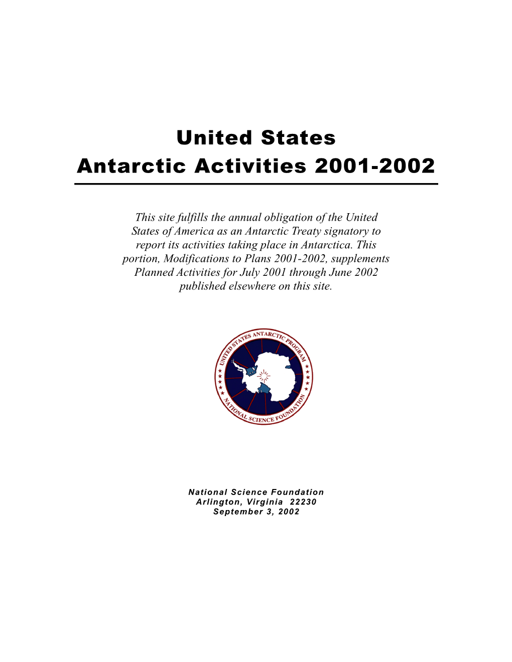 United States Antarctic Activities 2001-2002