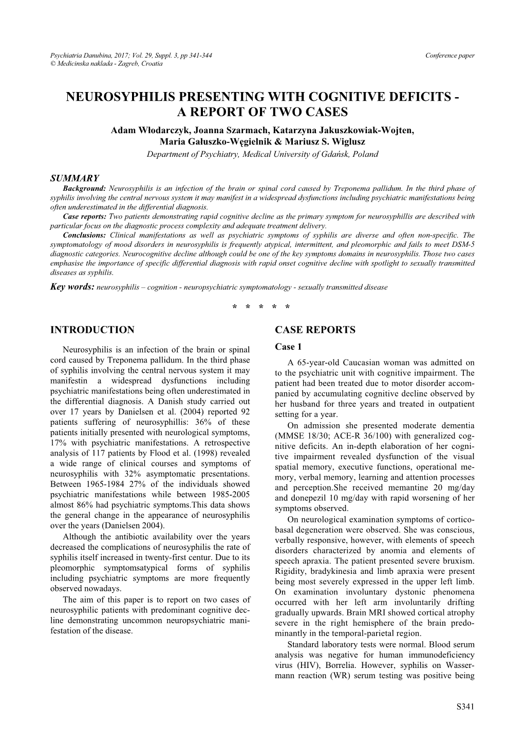 Neurosyphilis Presenting with Cognitive Deficits