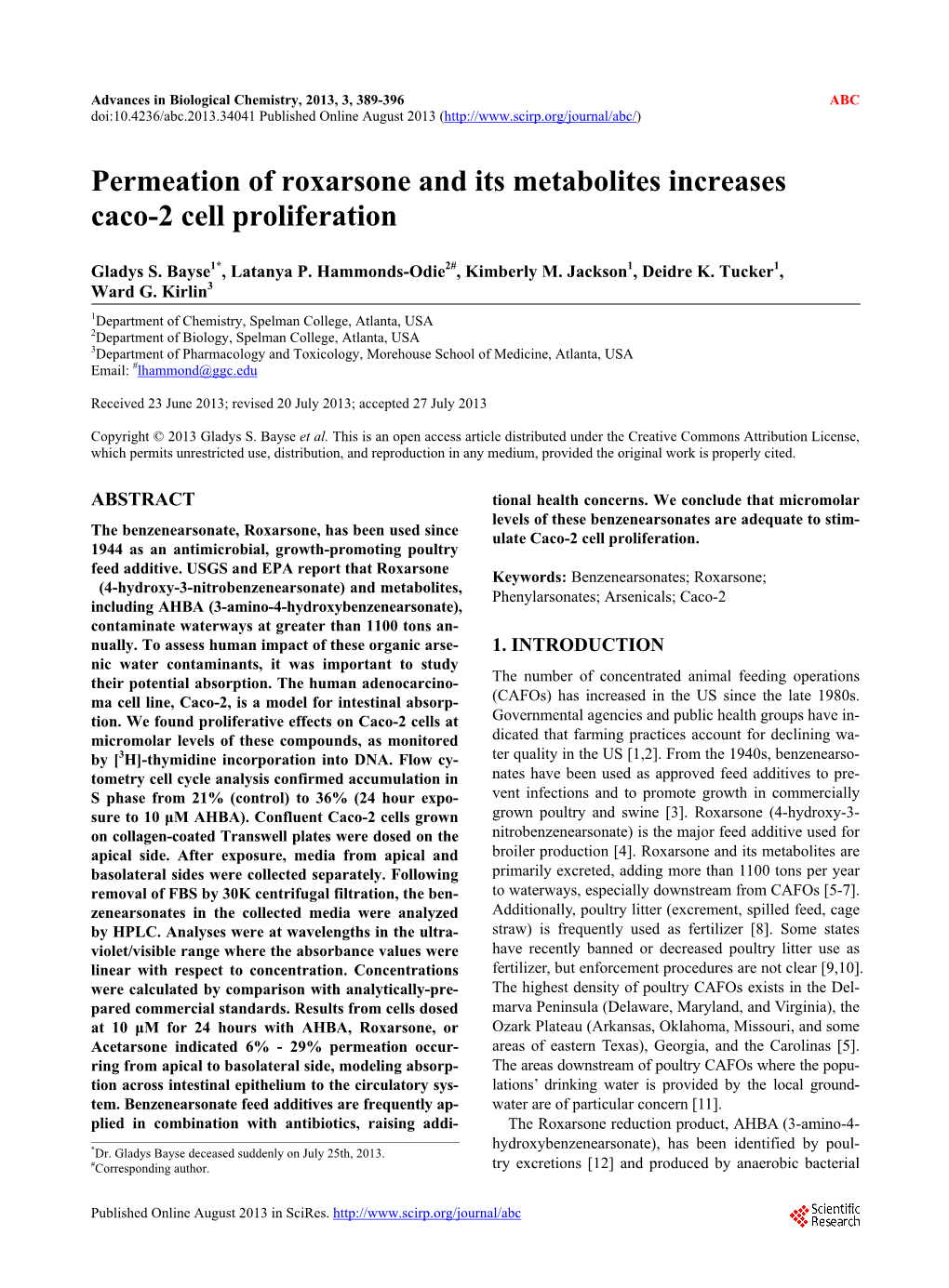 Permeation of Roxarsone and Its Metabolites Increases Caco-2 Cell Proliferation