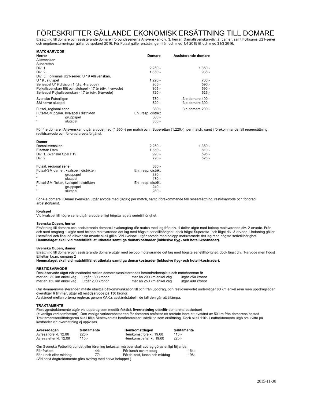 FÖRESKRIFTER GÄLLANDE EKONOMISK ERSÄTTNING TILL DOMARE Ersättning Till Domare Och Assisterande Domare I Förbundsserierna Allsvenskan-Div