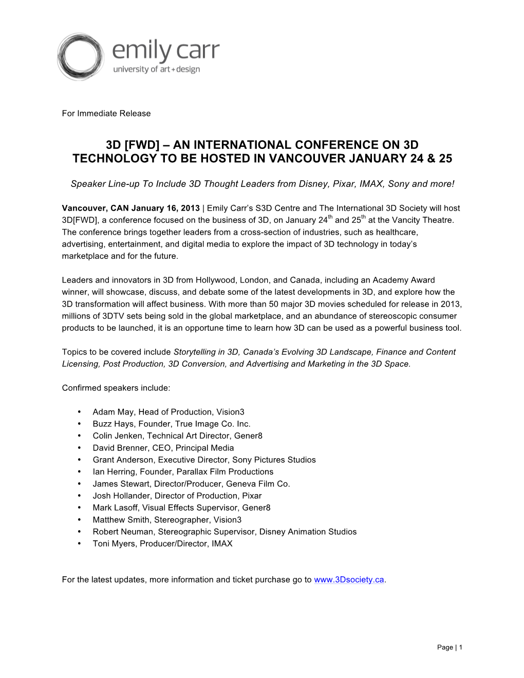 3D [Fwd] – an International Conference on 3D Technology to Be Hosted in Vancouver January 24 & 25