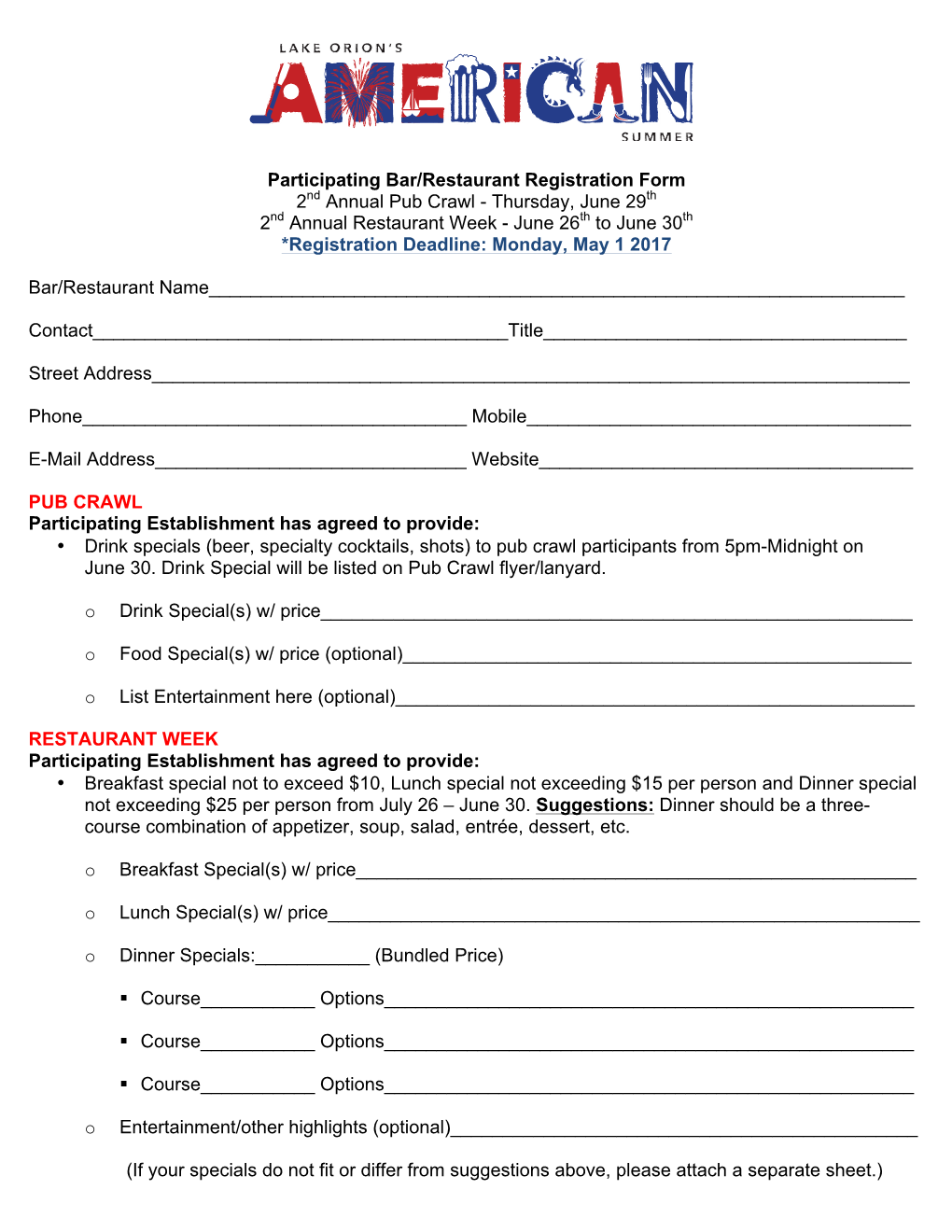 Participating Bar/Restaurant Registration Form 2Nd Annual Pub