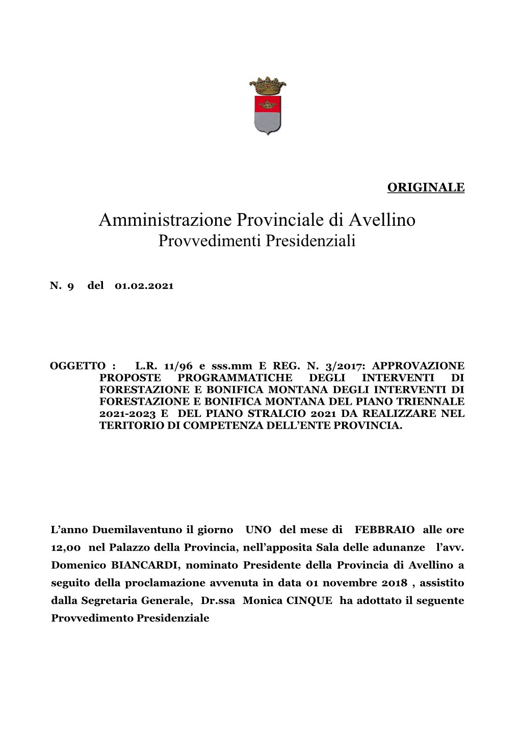 Amministrazione Provinciale Di Avellino Provvedimenti Presidenziali