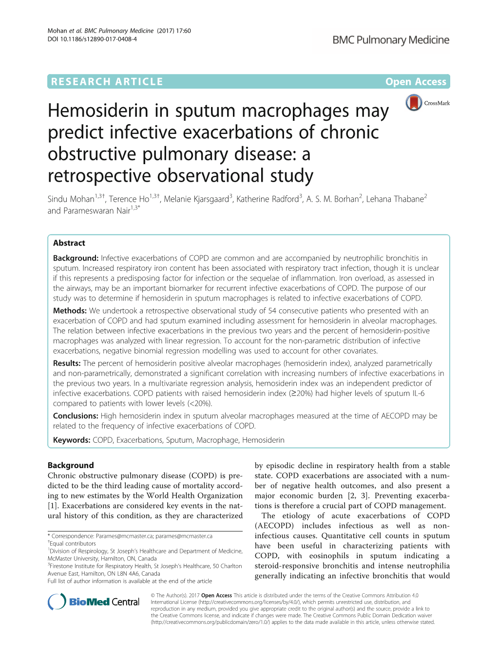 Hemosiderin in Sputum Macrophages May Predict Infective Exacerbations