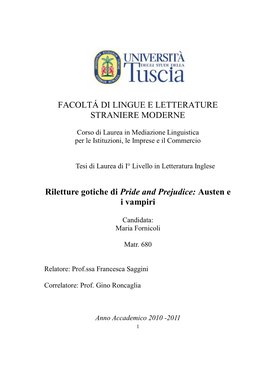 Riletture Gotiche Di Pride and Prejudice: Austen E I Vampiri