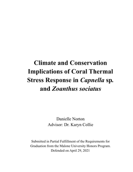 Climate and Conservation Implications of Coral Thermal Stress Response in Capnella Sp. and Zoanthus Sociatus By