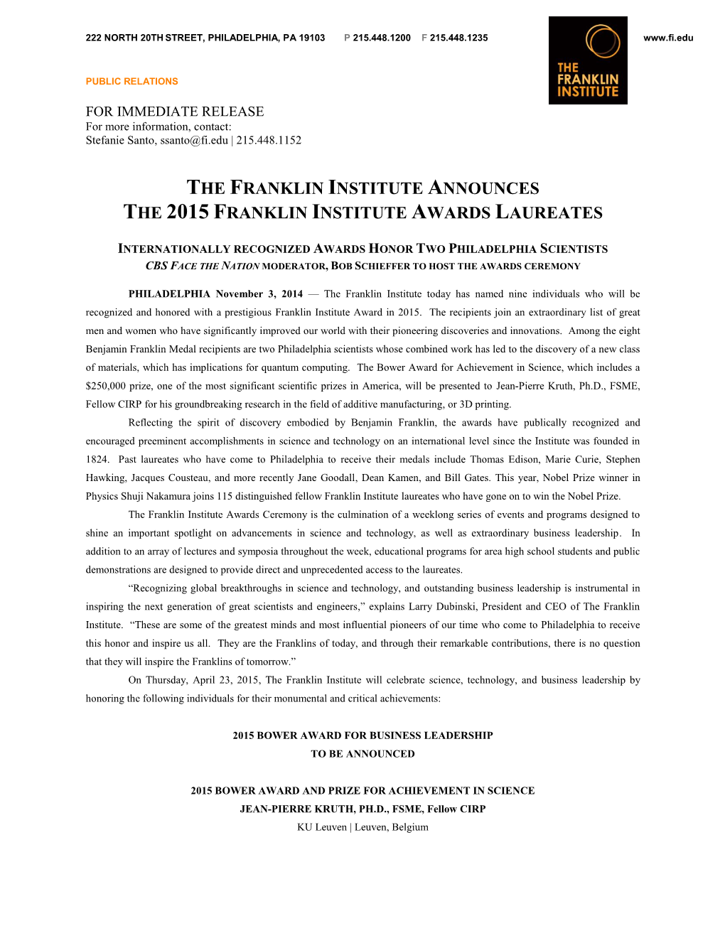 The Franklin Institute Announces the 2015 Franklin Institute Awards Laureates