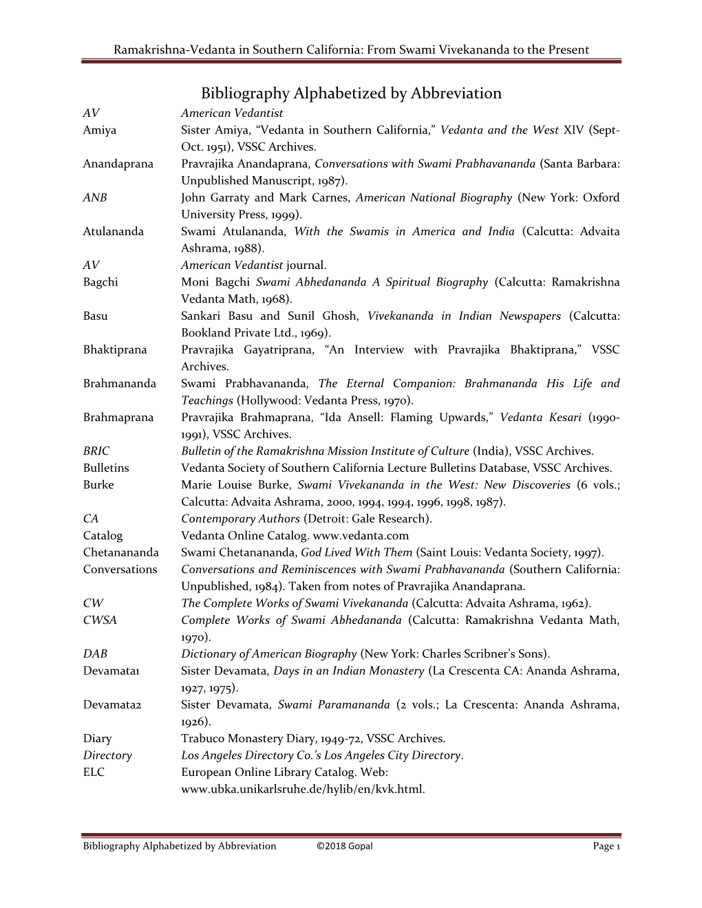 Bibliography Alphabetized by Abbreviation AV American Vedantist Amiya Sister Amiya, “Vedanta in Southern California,” Vedanta and the West XIV (Sept- Oct