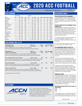 2020 Standings Acc Football Notes 2020 Schedule (Dec. 10-12) Acc Network