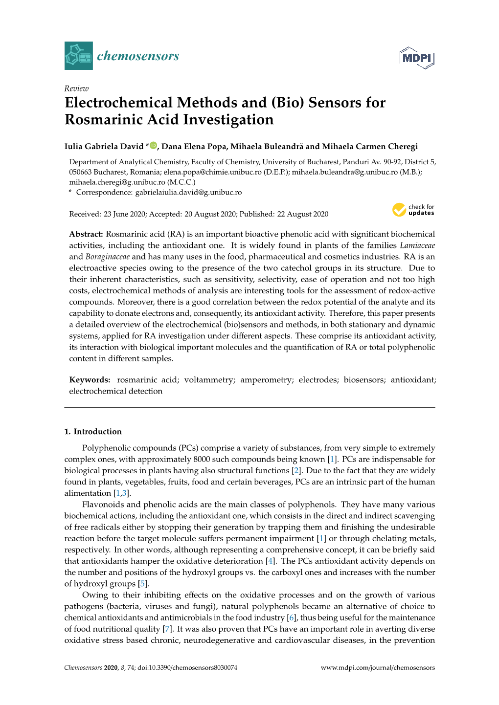 Electrochemical Methods and (Bio) Sensors for Rosmarinic Acid Investigation